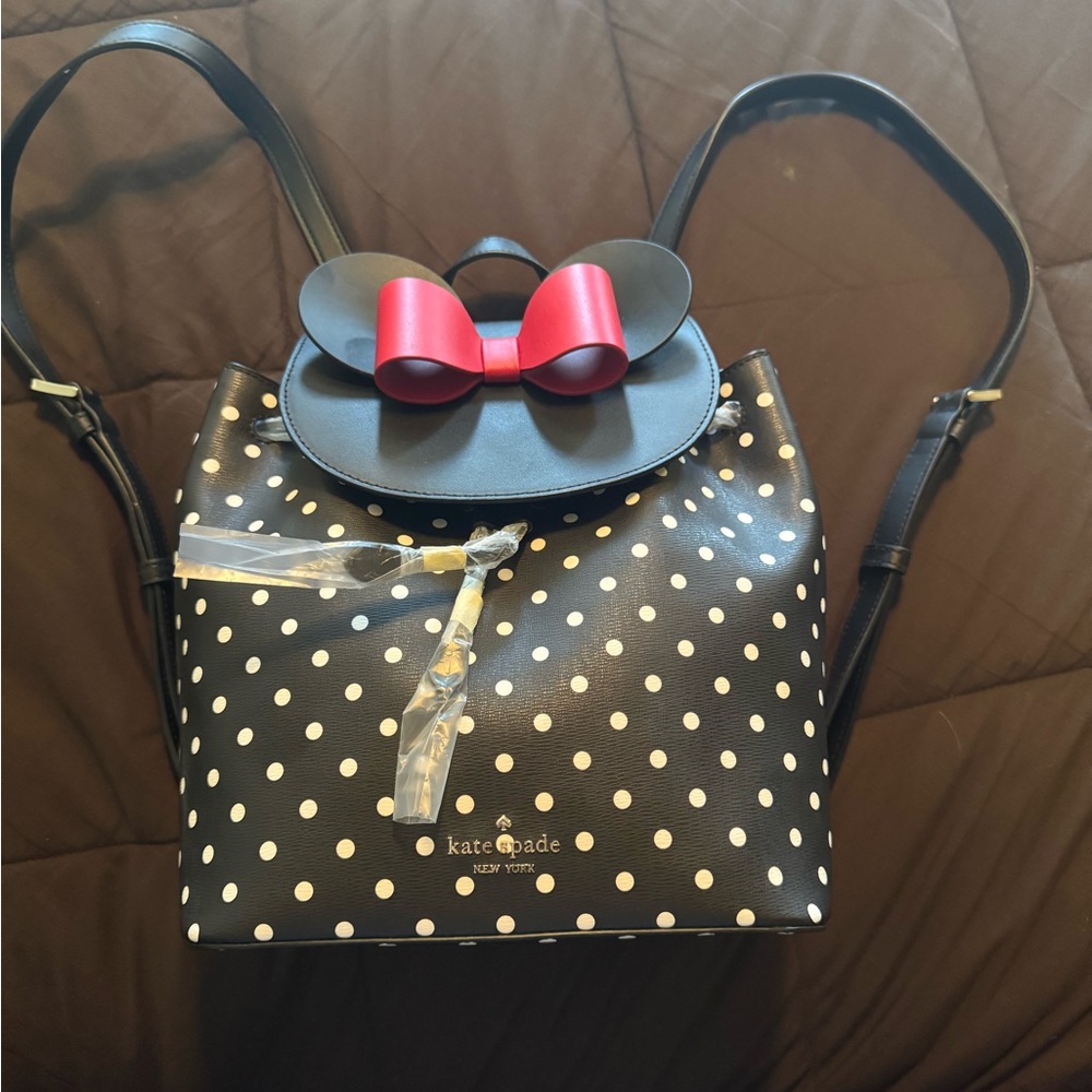 Kate Spade Black and White Polka Dot Backpack with Red Bow